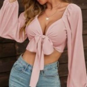 Shein Pink Bishop Tie Crop Top